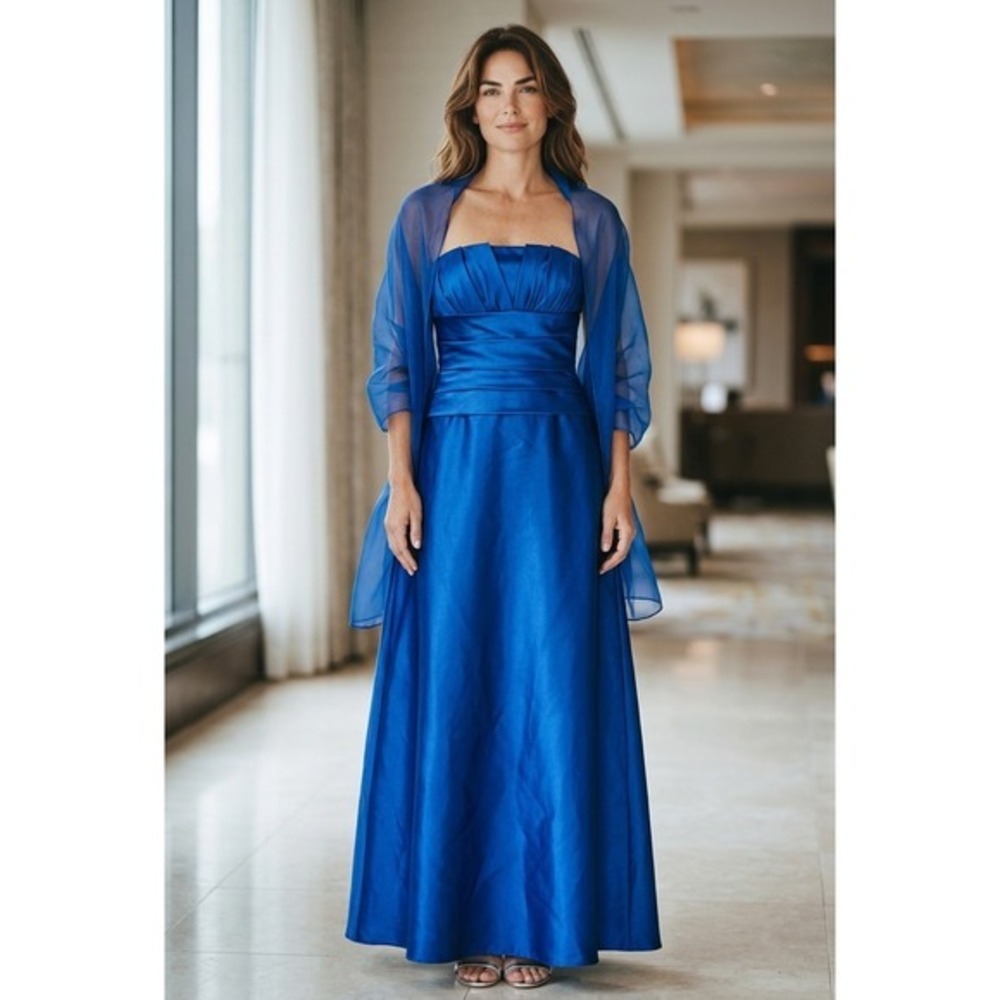 Liancarlo Couture Royal Blue 100% Silk Strapless Gown with Wrap Saks size 6